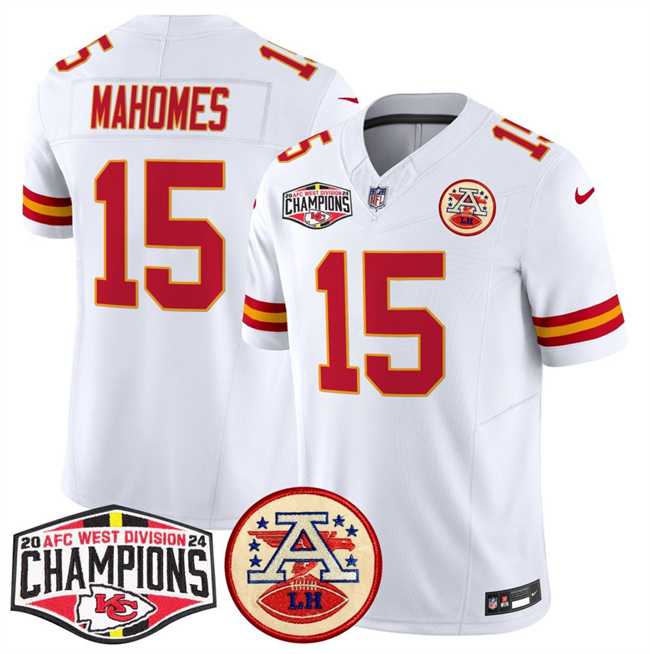 Mens Kansas City Chiefs #15 Patrick Mahomes White F.U.S.E. 2024 AFC West Division Champions Vapor Limited Stitched Jersey